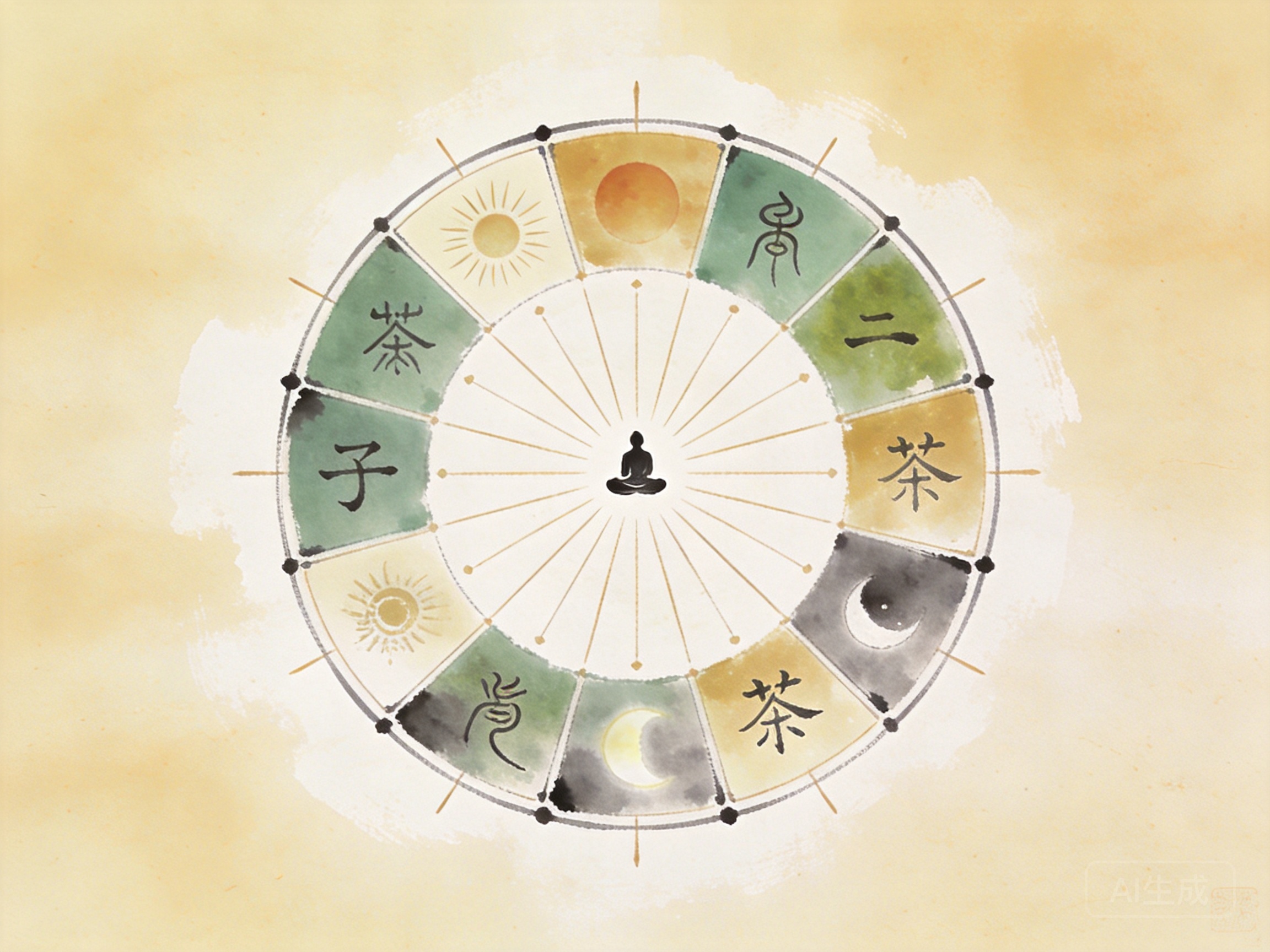 Chinese ink wash illustration of the twelve-hour meridian clock (zi-wu liu-zhu) with a meditating figure at its center