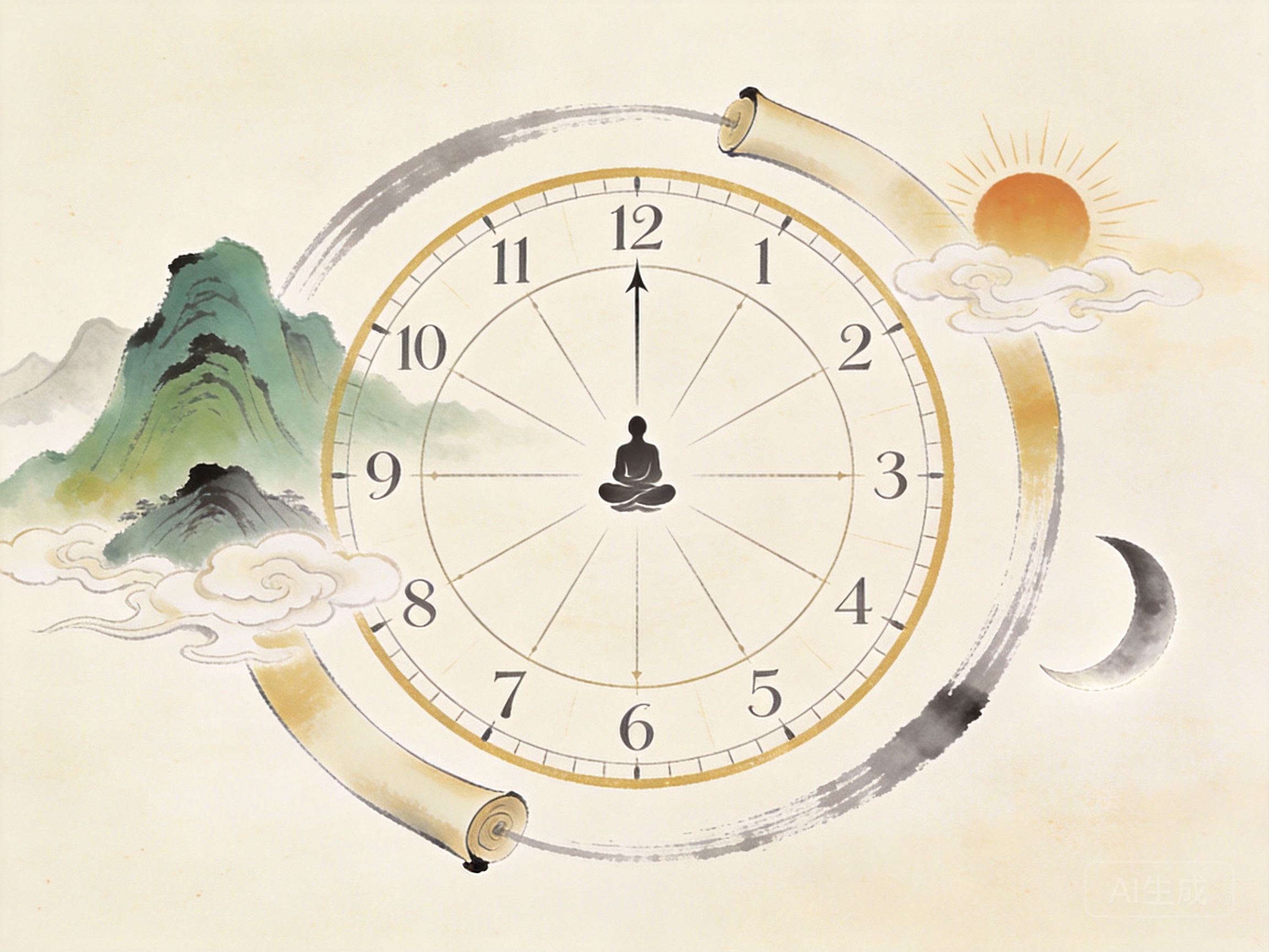 Chinese ink wash illustration of the Tri-Factor Environmental Adaptation Model — a meridian clock at the center surrounded by mountains, sun and moon