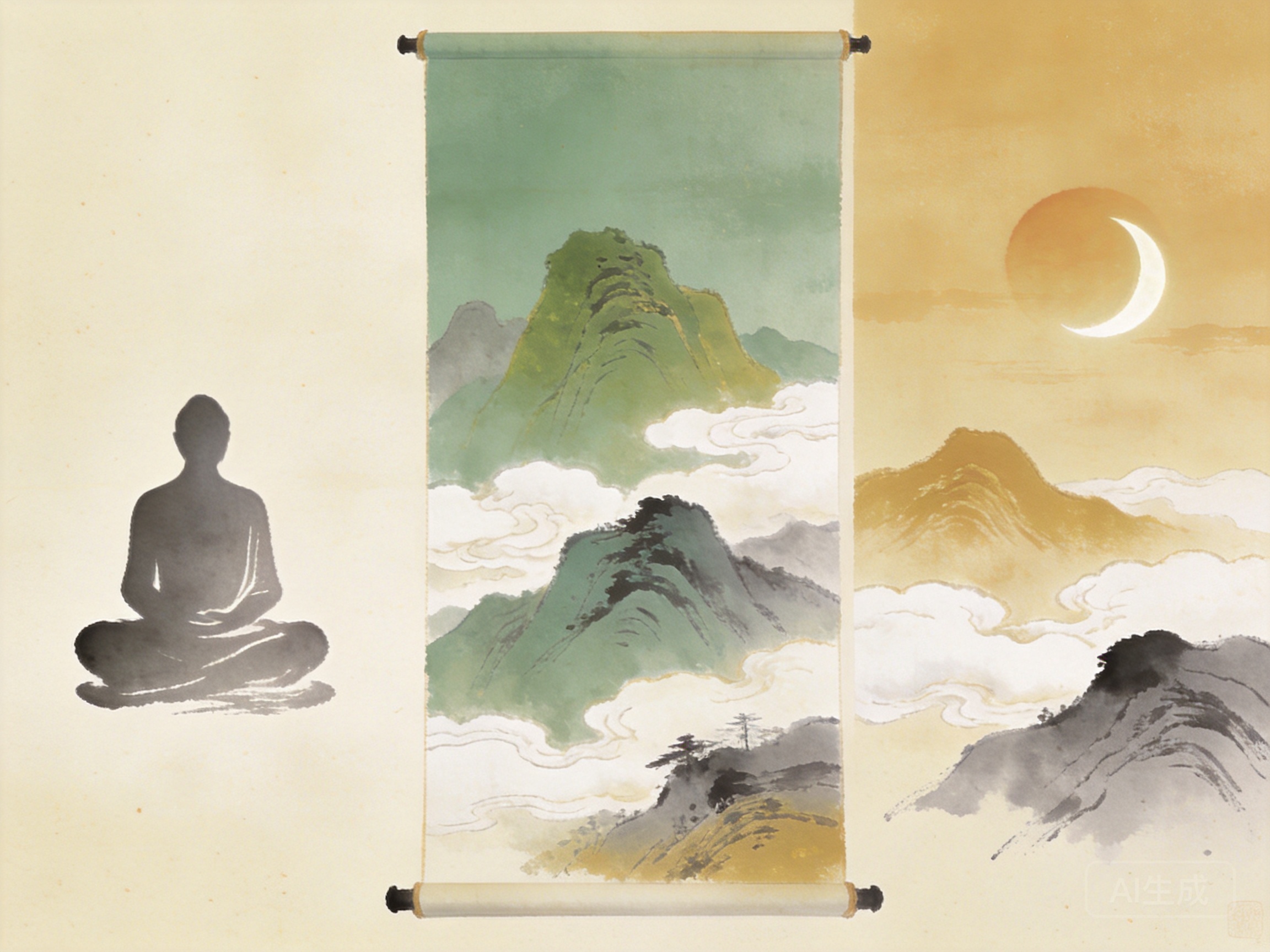 Chinese ink wash illustration of the Tri-Factor Environmental Adaptation Model — a meditating figure, layered mountains representing local climate, and the sun and moon representing seasonal cycle