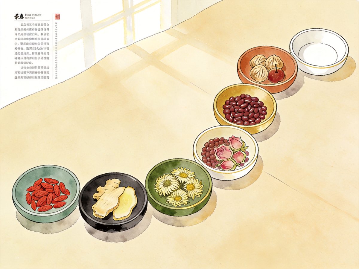 Nine small ceramic dishes in an arc, eight holding different herbs and one empty, on warm cream paper