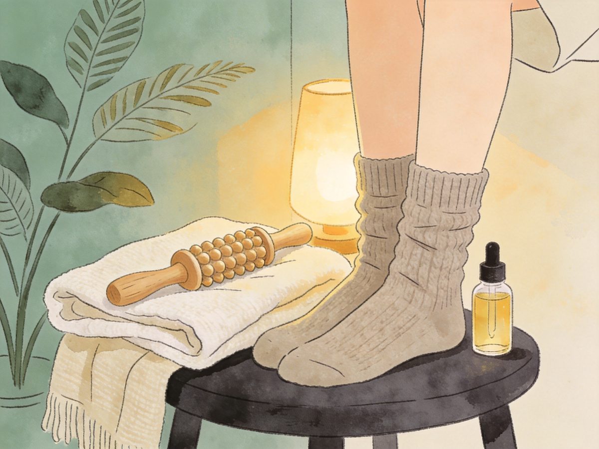 A wooden foot roller and folded cotton socks