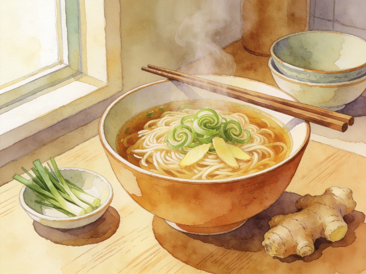 Ginger and scallion noodle soup in a ceramic bowl