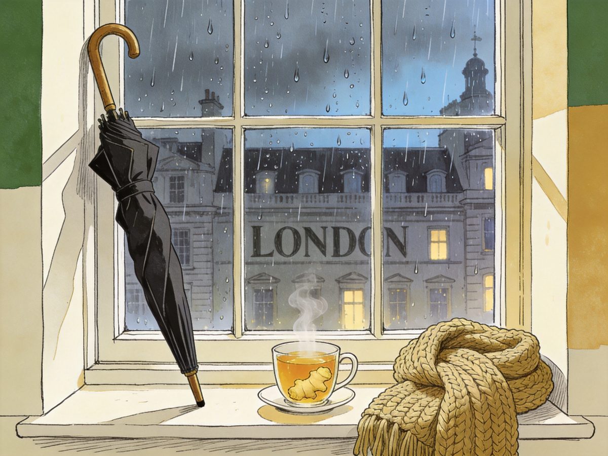 Rain on a window, steaming tea, and a wool throw