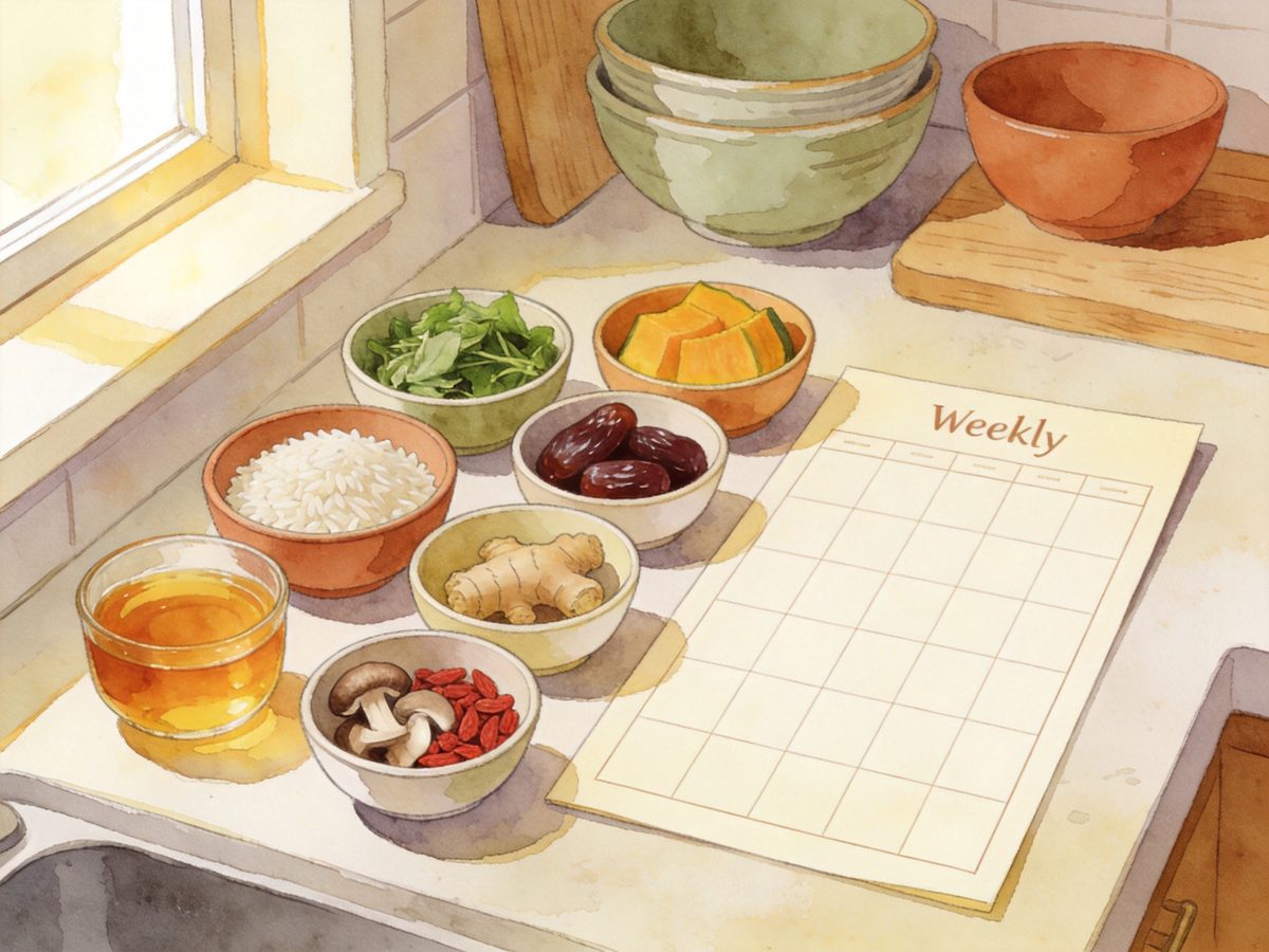 A wooden tray with rice, greens, and soup