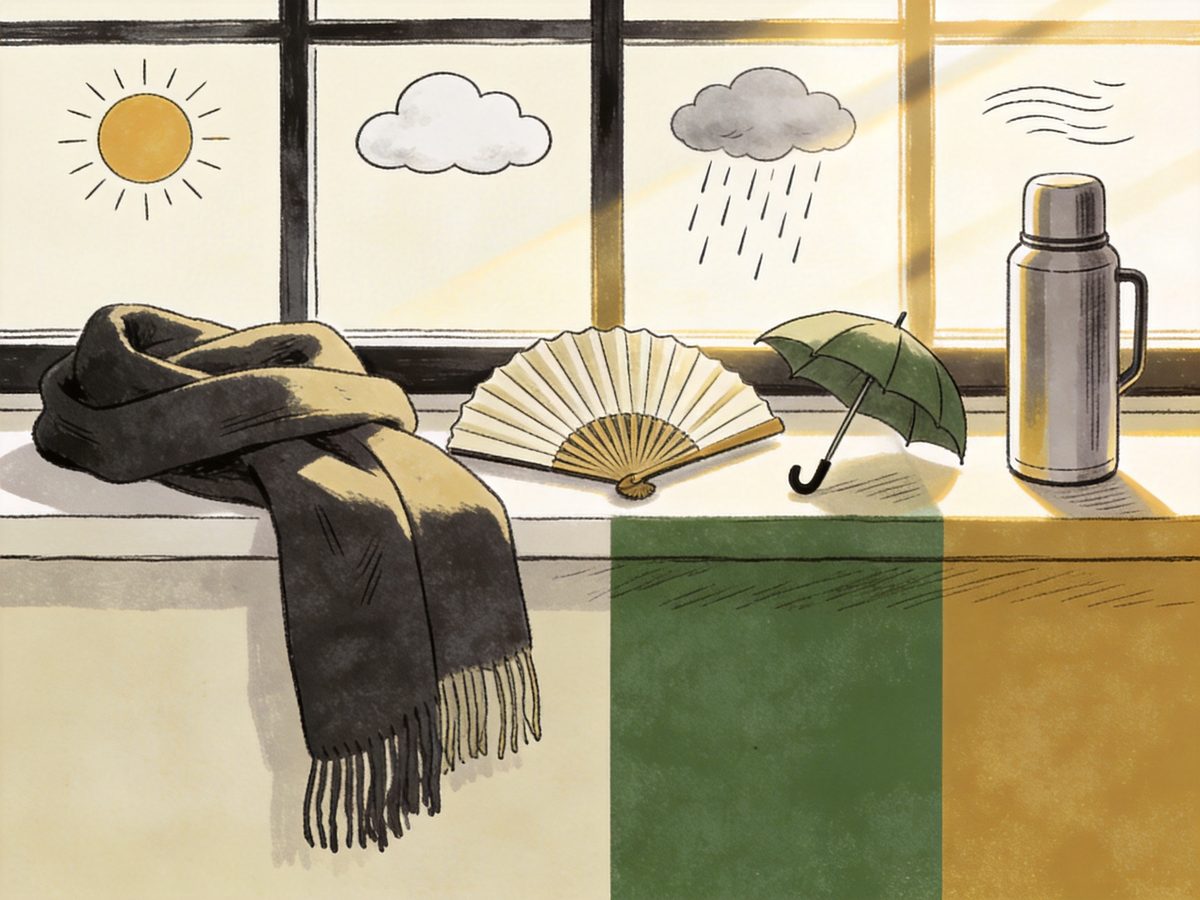 A jacket, scarf, sunglasses and tea for changeable weather