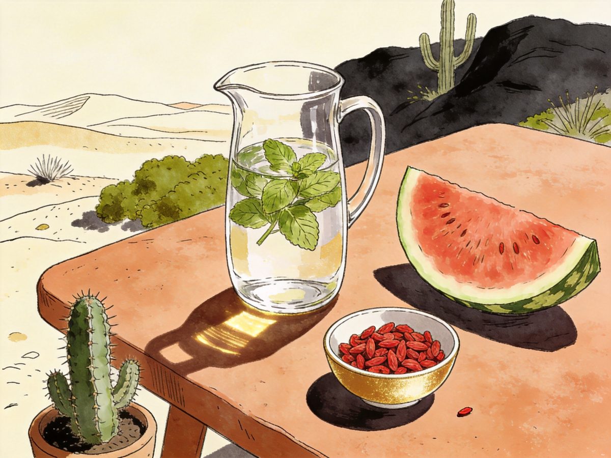 Clay water jug and cucumber in dry desert light
