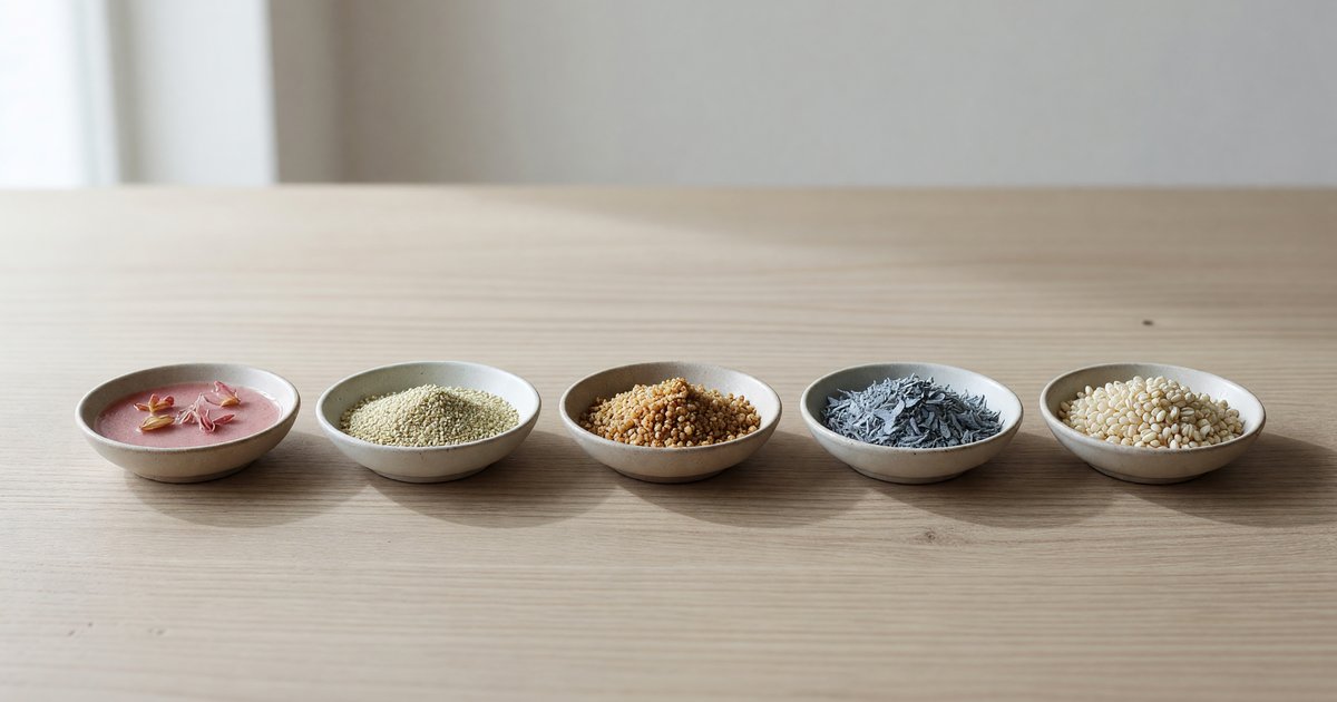 Five small dishes in a row on pale wood
