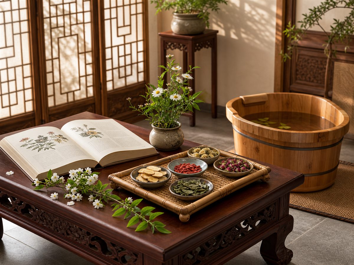Open Chinese wellness guidebook, tray of herbs, flowers, and a warm wooden foot bath in a redwood-style room